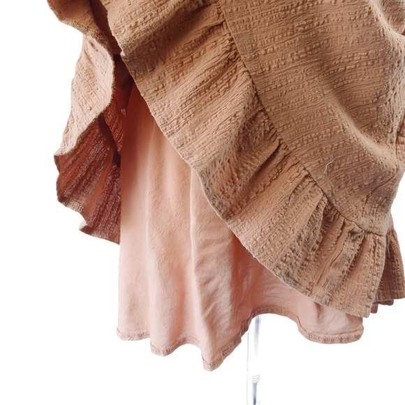 Showpo Terracotta Brown Ruffle Mini Dress AU 10 US 6 Cotton Tie Back Deep V Neck - Picture 9 of 10